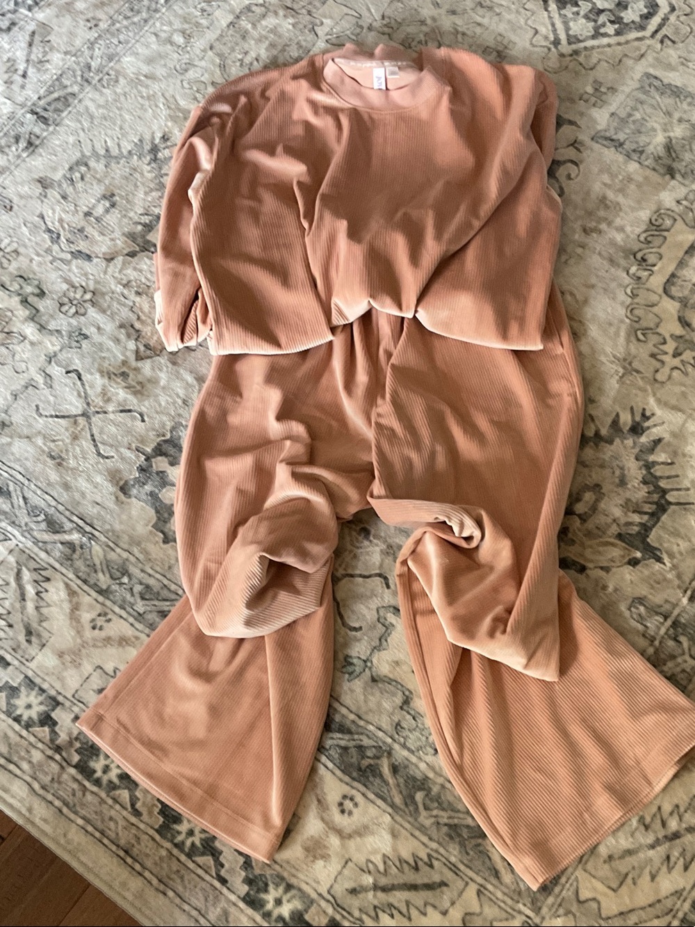 Ribbed Wide-Leg Lounge Pants & Top Set — Peach